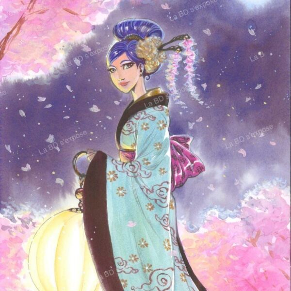 Aquarelle Originale Sara Kimono Clair de Lune Nora Moretti La BD s'expose