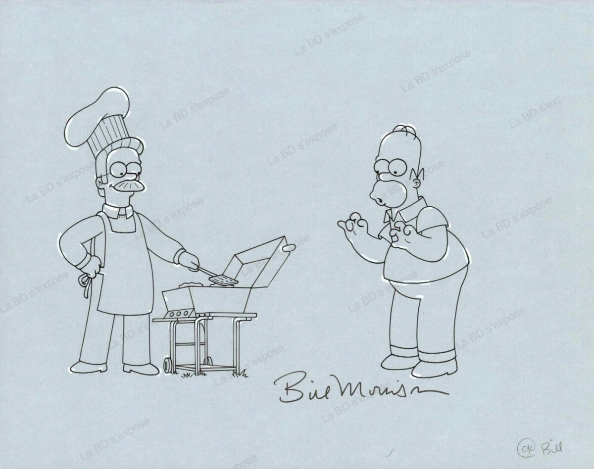 Dessin Original Homer Simpson et Ned Flanders Barbecue Bill Morrison La BD s'expose