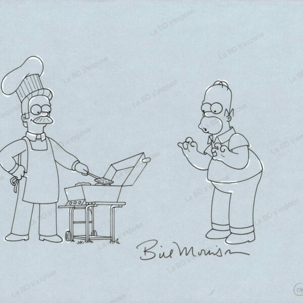 Dessin Original Homer Simpson et Ned Flanders Barbecue Bill Morrison La BD s'expose